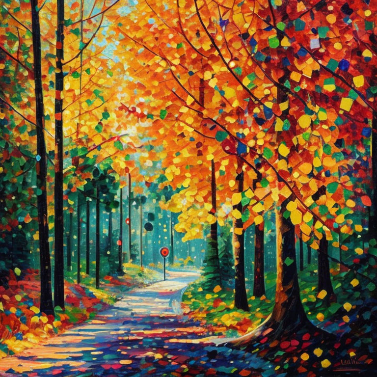 Impressionist-style painting: Sunlit forest path with autumn leaves.