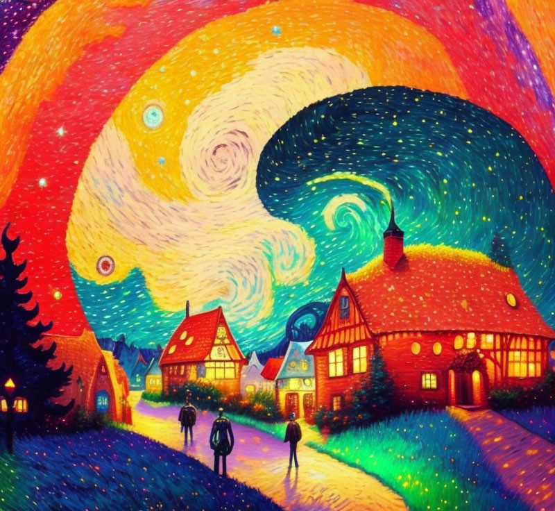 Colorful whimsical village at night with swirling starry sky.