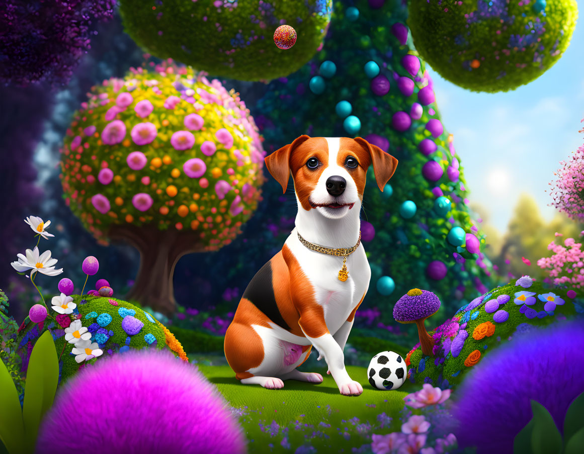 Colorful Animated Dog with Gold Necklace in Fantasy Garden with Soccer Ball