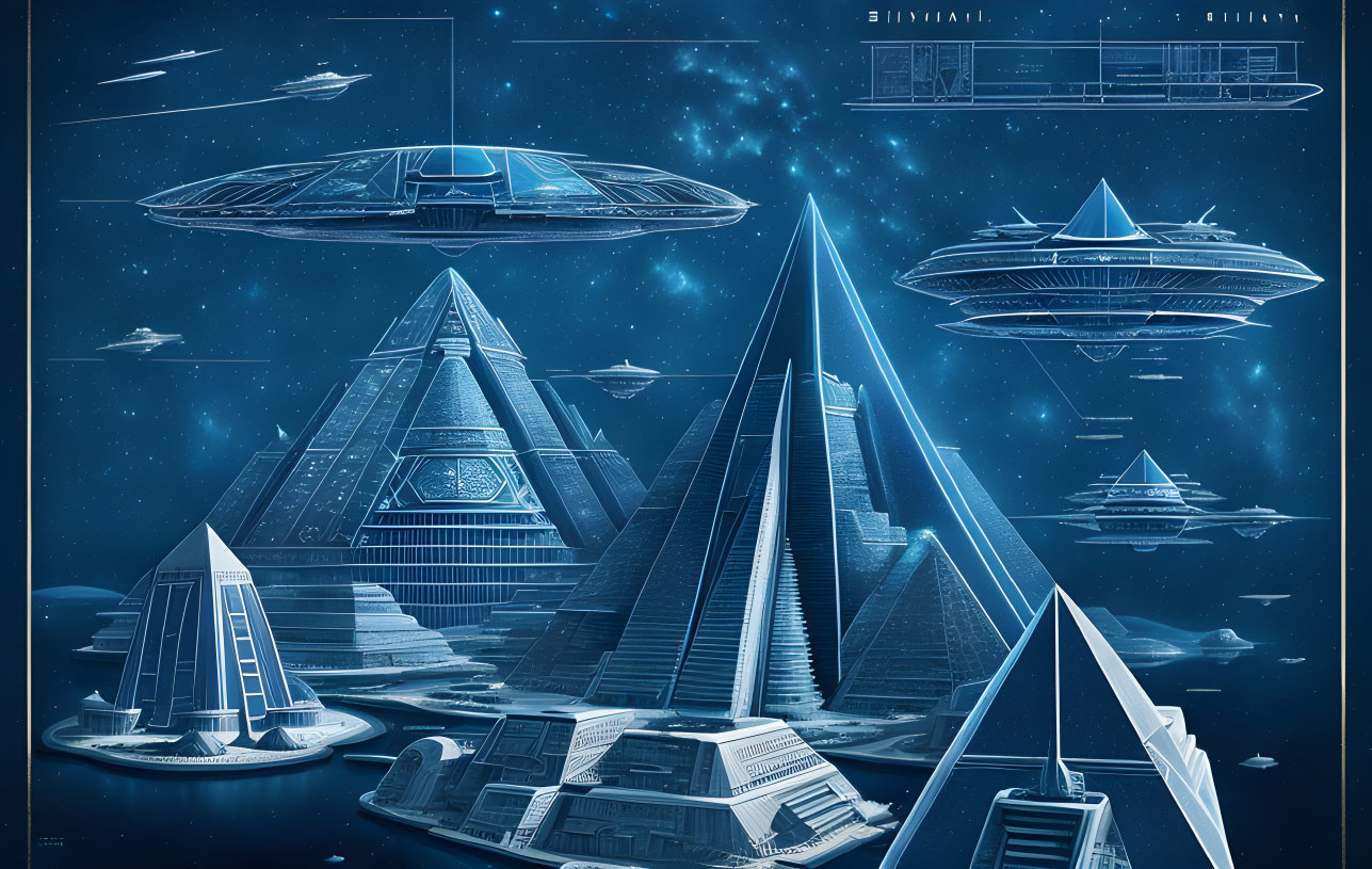 Futuristic cityscape with pyramidal structures and flying vehicles in blue monochrome.