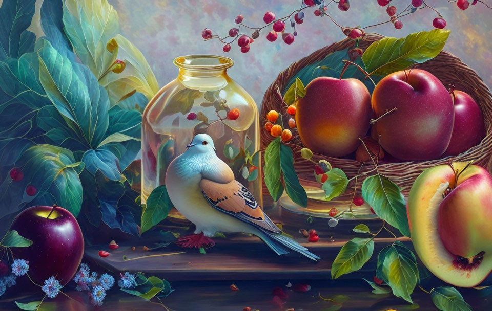 Vibrant still life painting with apples, dove, berries, and foliage in muted lighting