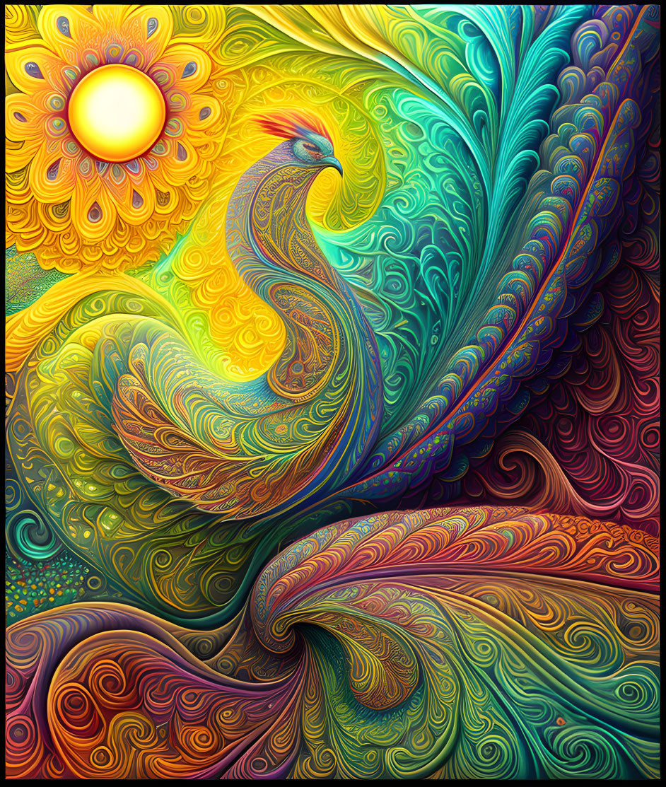 Colorful Psychedelic Artwork: Ornate Peacock with Swirling Feathers and Sun