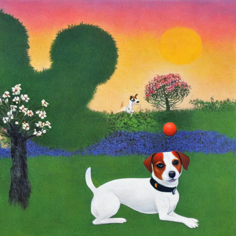 Illustration of Jack Russell Terrier with red ball in garden at sunset