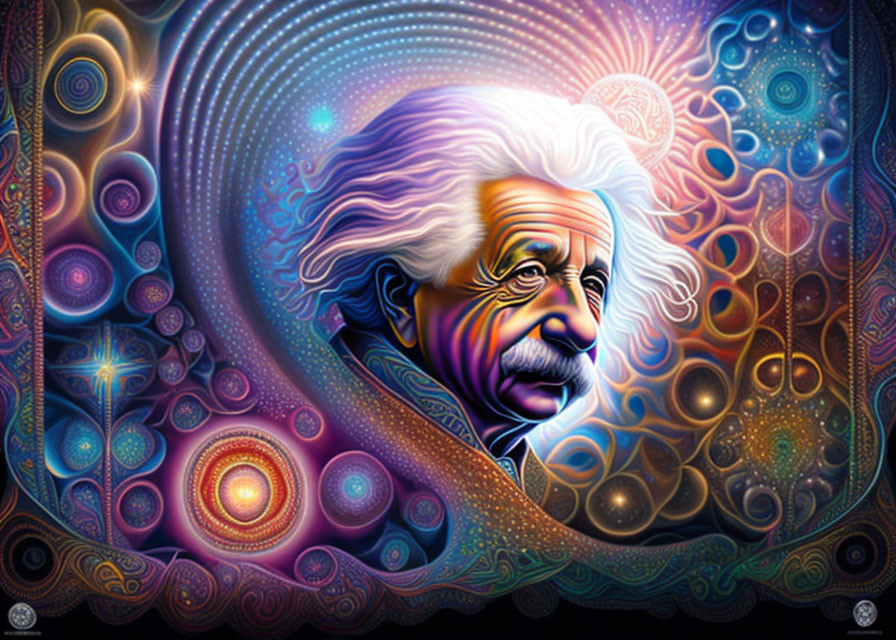 Vivid psychedelic portrait of Albert Einstein in cosmic backdrop