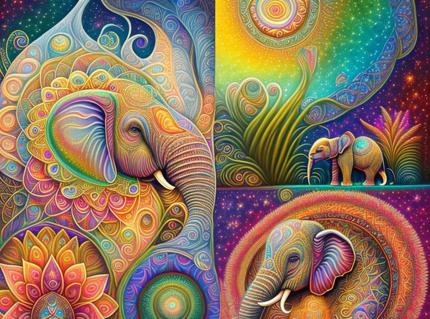 Colorful Psychedelic Elephant Illustration with Swirling Designs