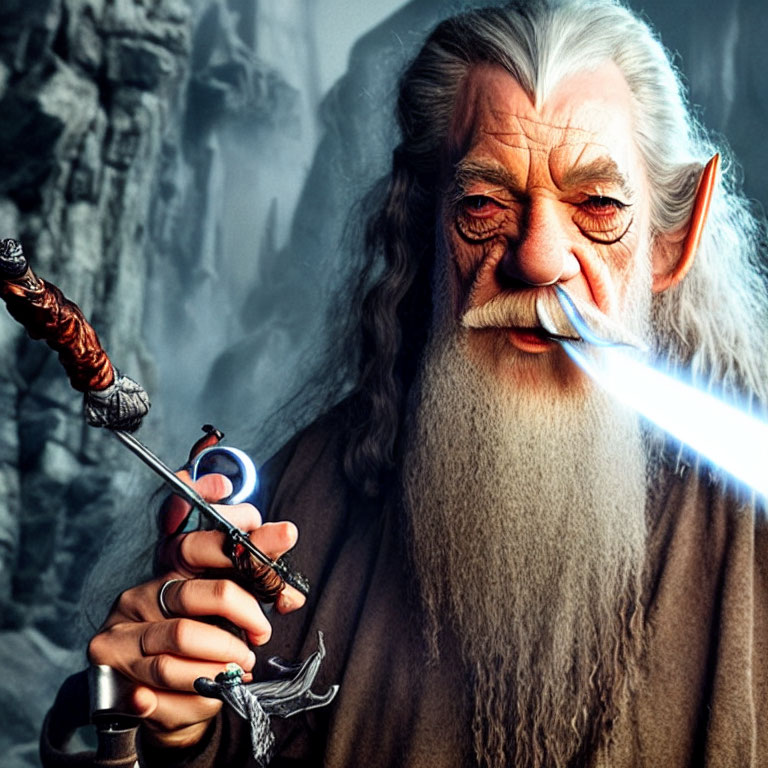 Bearded elderly wizard with staff in rocky landscape