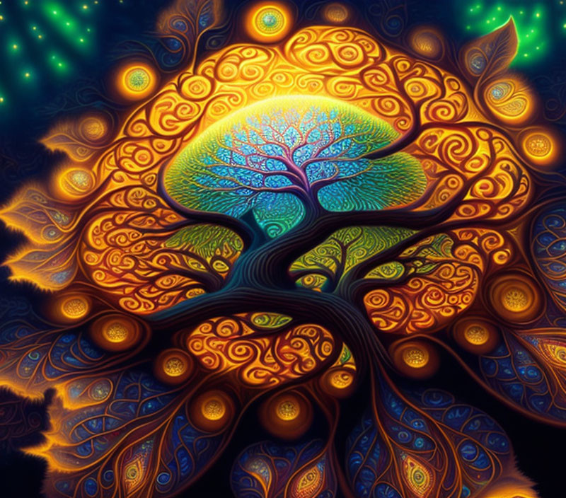 Colorful stylized tree art against celestial backdrop with intricate branches.