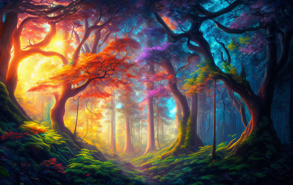 Colorful Forest with Sunlight Filtering Through Twisted Trees