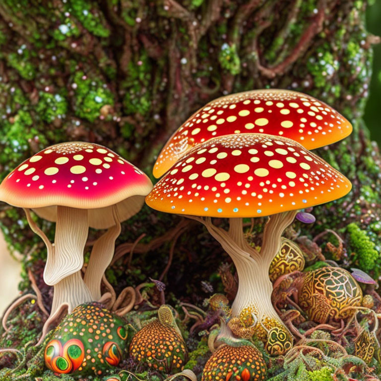 Vibrant Red Mushrooms with White Spots on Mossy Surface