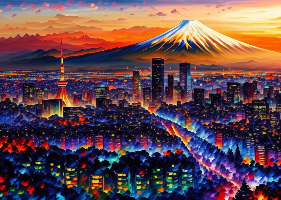 Colorful cityscape artwork with skyscrapers, Tokyo Tower-like structure, and Mount Fuji at sunset