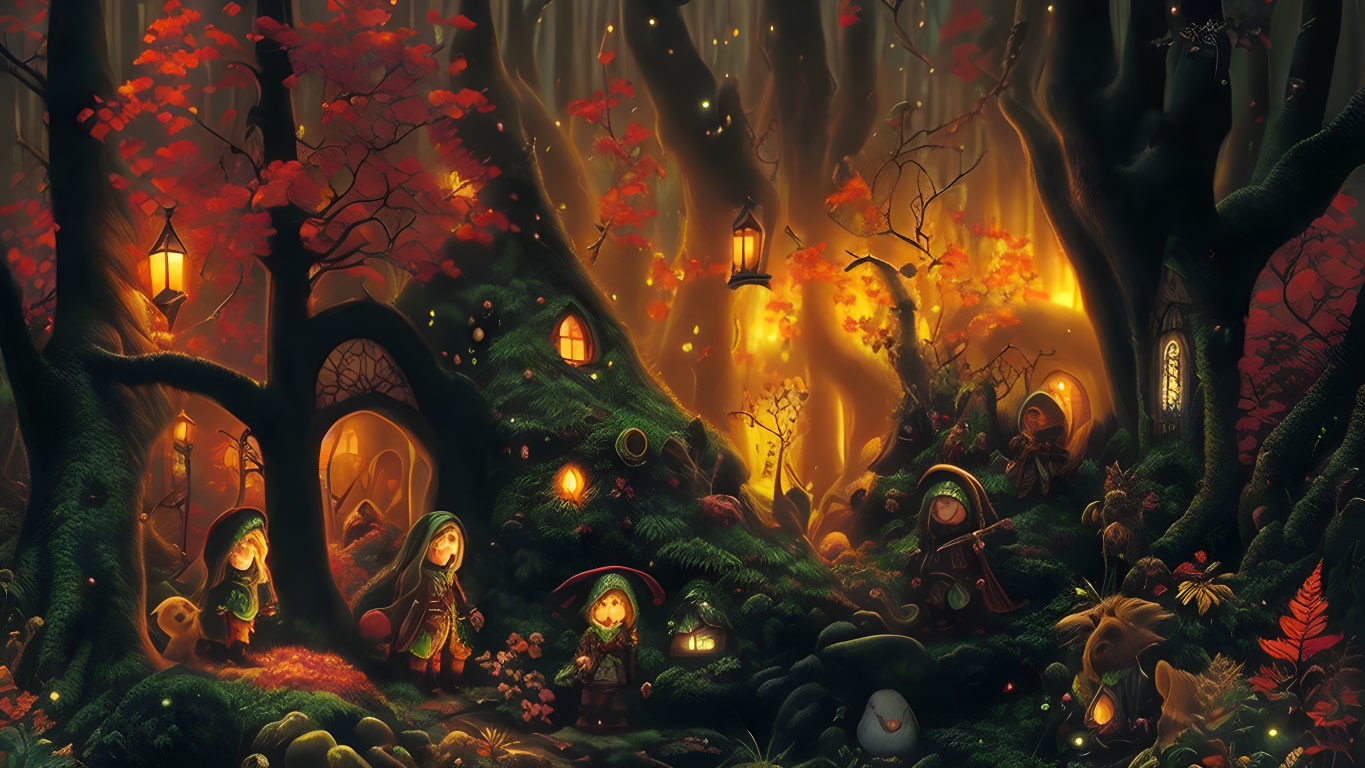 Enchanting forest scene with whimsical tree houses, glowing lights, cloaked characters, and autumn