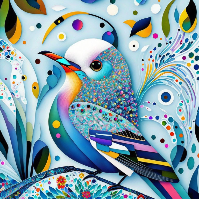 Colorful Bird Illustration with Floral and Abstract Shapes