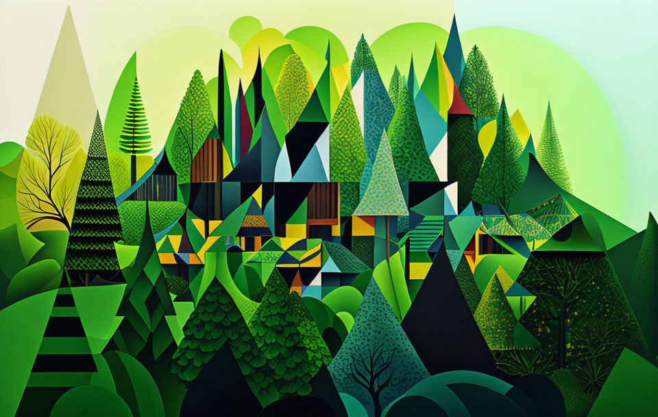 Colorful geometric forest illustration with gradient sky