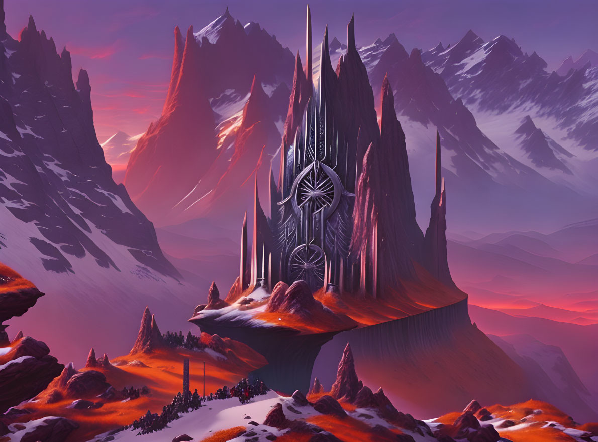 Fantasy castle with towering spires on cliff against purple mountains and pink sky