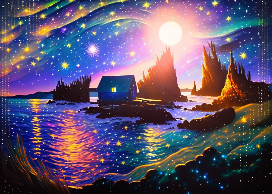 Celestial night sky painting with sun, stars, cabin, sea, trees, cosmic display