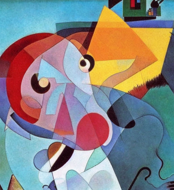 Colorful Cubist Painting with Geometric Shapes and Fragmented Figure