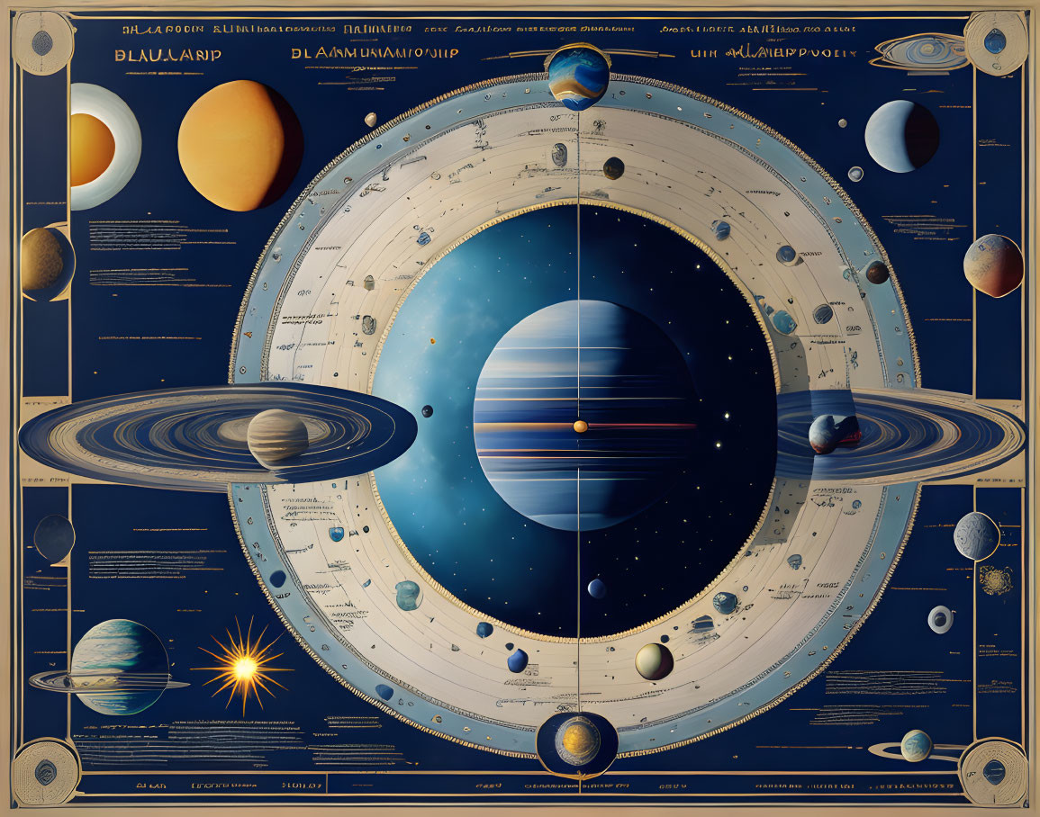 Detailed Vintage Solar System Illustration with Labels and Orbits