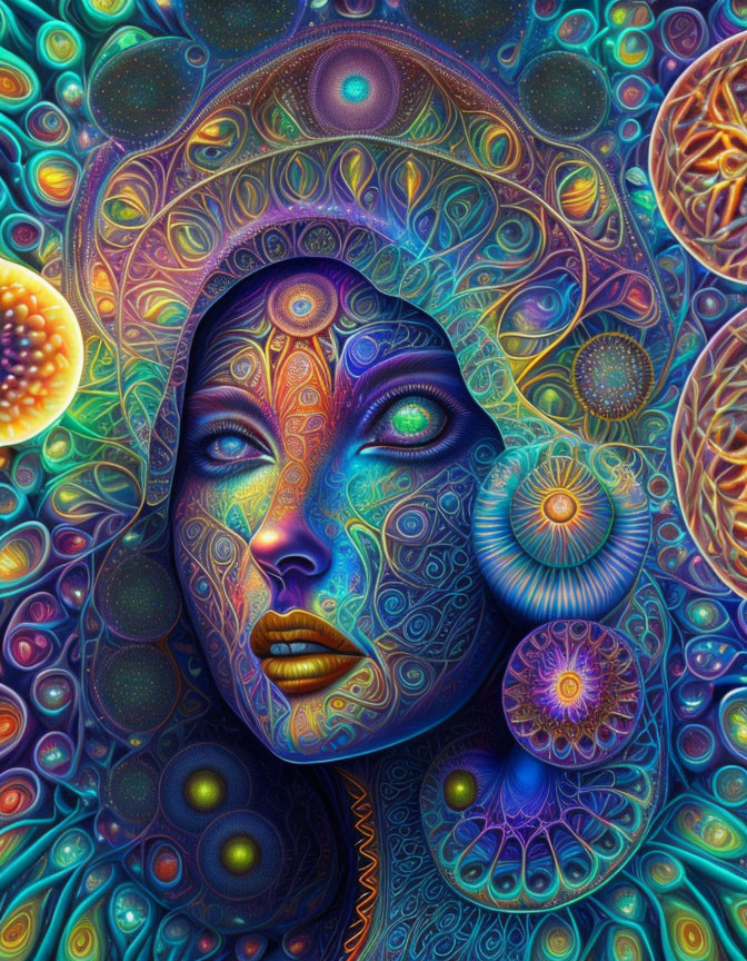 Colorful Psychedelic Portrait of Woman Surrounded by Intricate Patterns