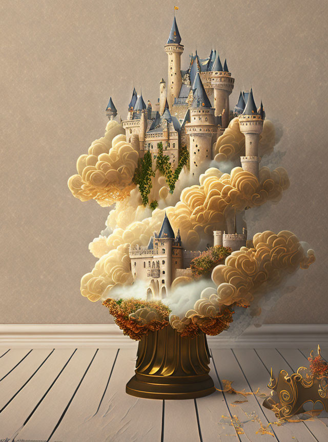 Castle emerging from clouds on golden vase against beige background