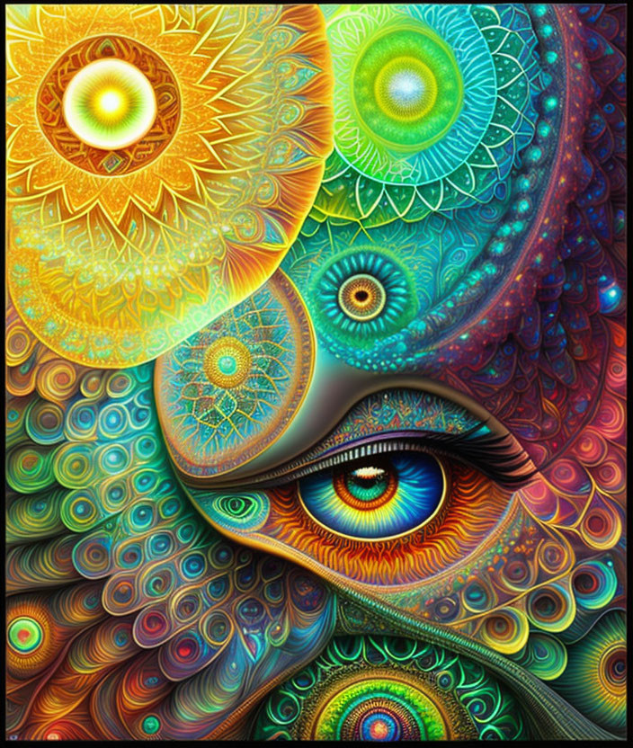 Colorful Psychedelic Art: Central Eye with Fractal Patterns