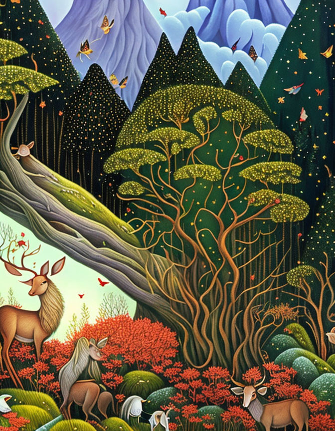 Colorful forest scene with deer, mountains, and lush vegetation