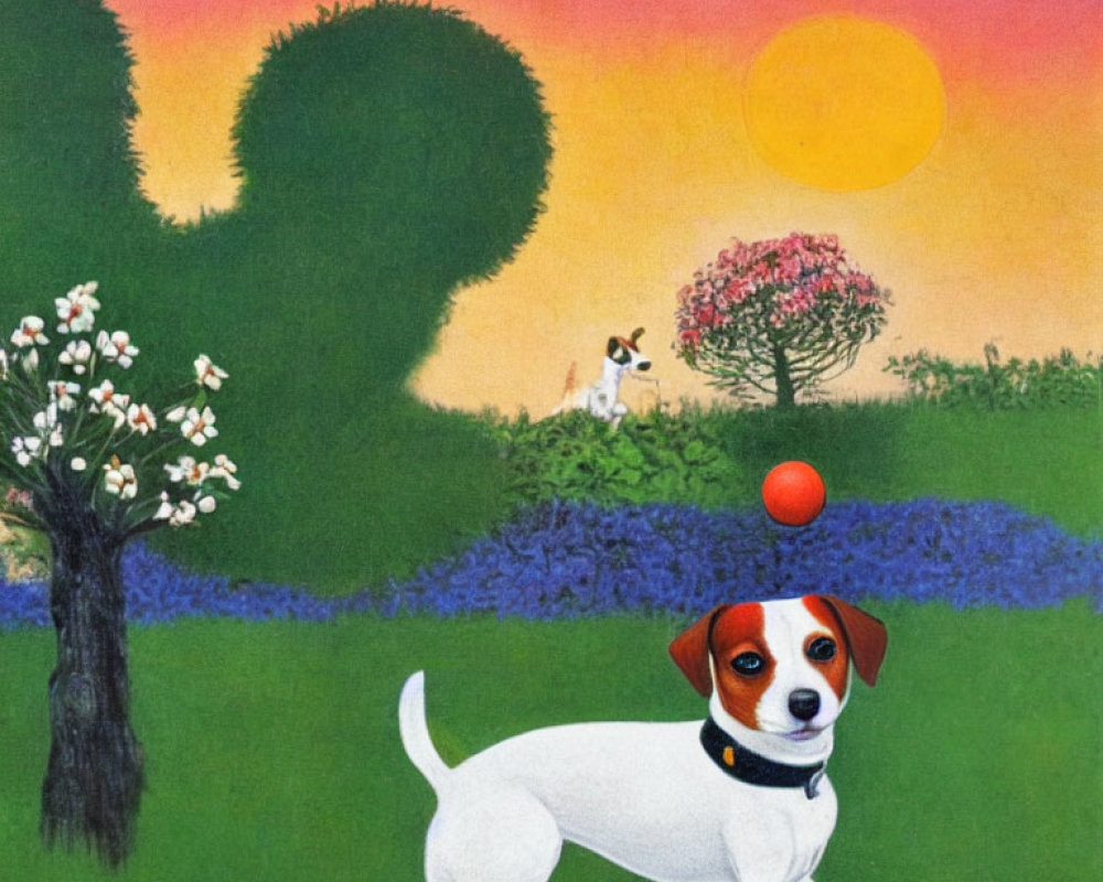 Illustration of Jack Russell Terrier with red ball in garden at sunset