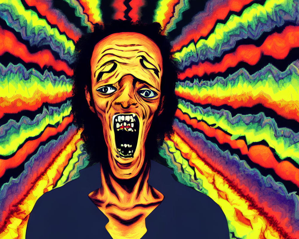 Vibrant psychedelic portrait with exaggerated facial expression