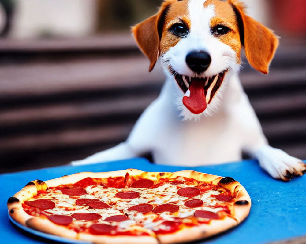 Jack Russell Terrier with pepperoni pizza on blue surface