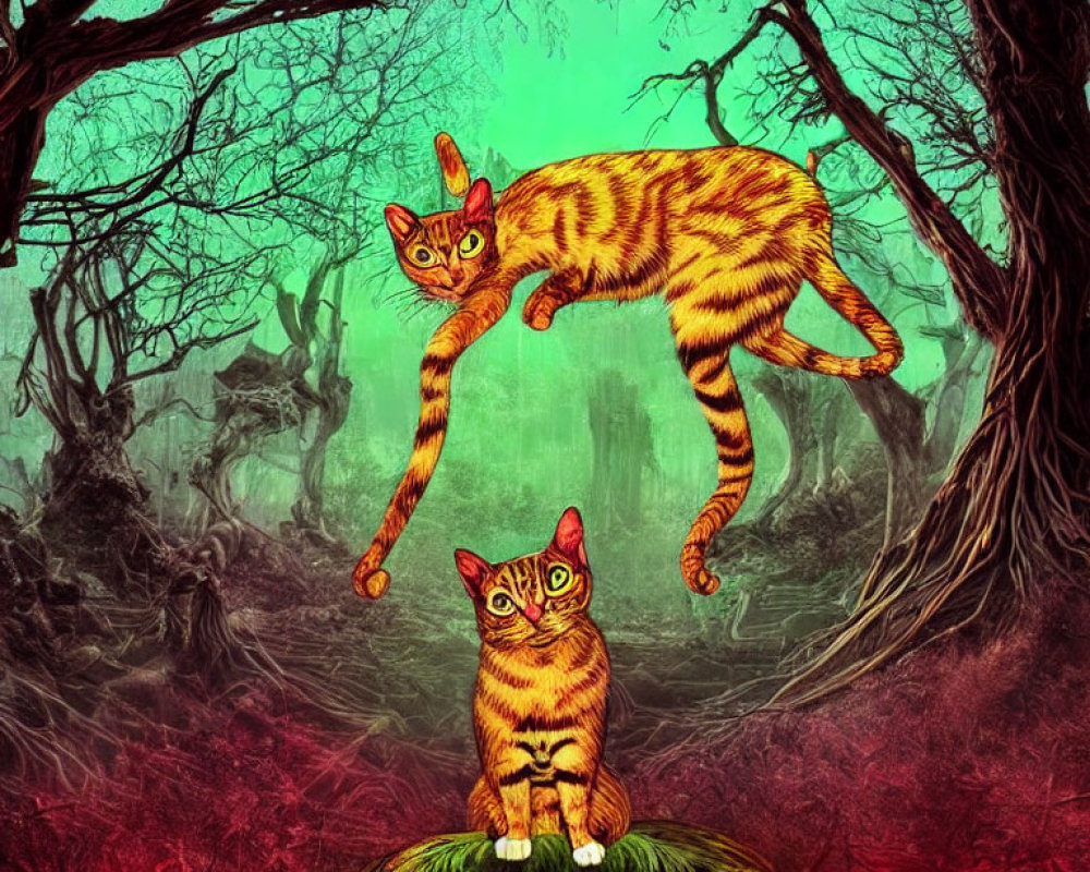 Two large-eyed cats in mystical forest with twisted trees under green sky.