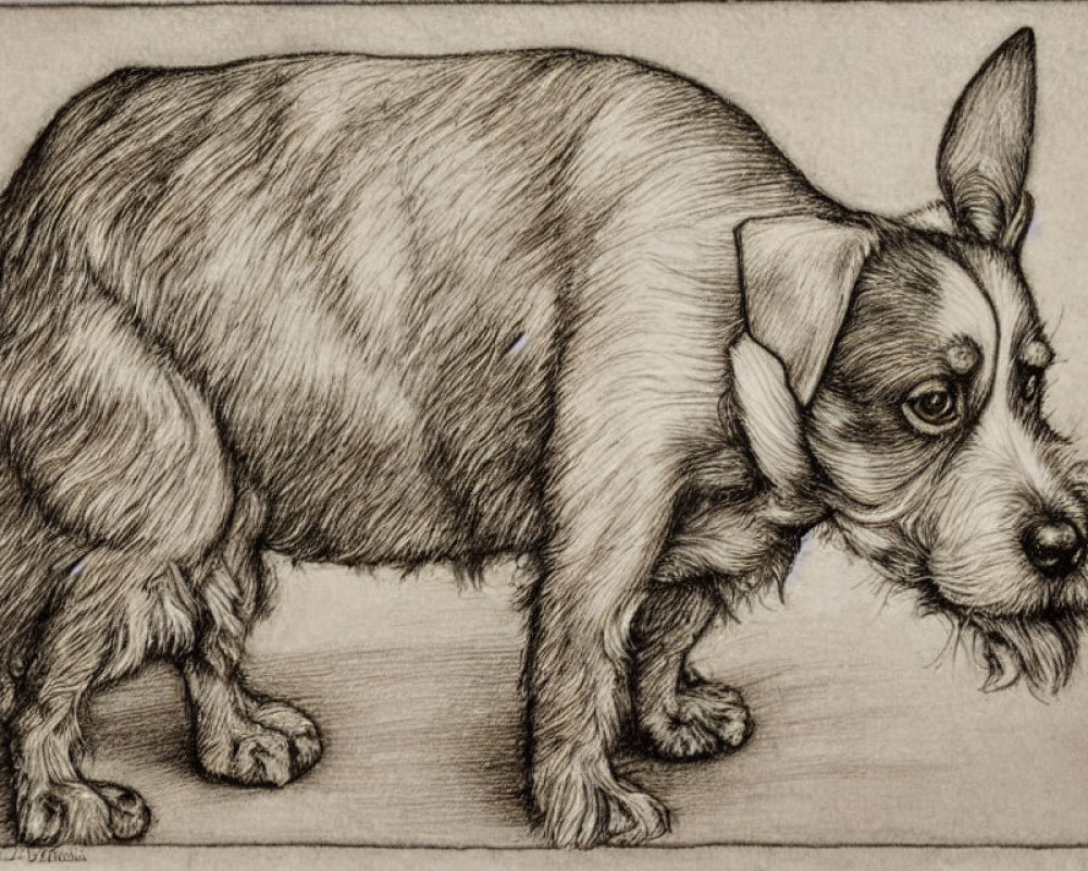 Detailed sketch of a dog with rich fur, standing sideways with perked ear.