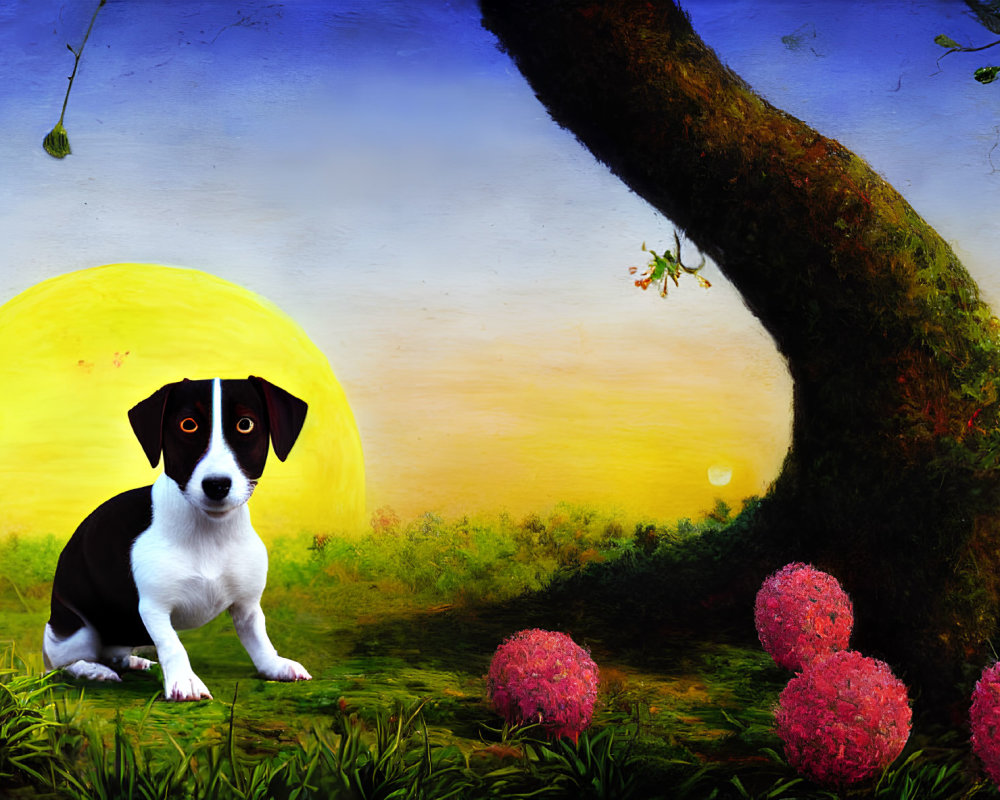 Black and white dog sitting on grass under yellow sun near tree with fruits and pink flowers