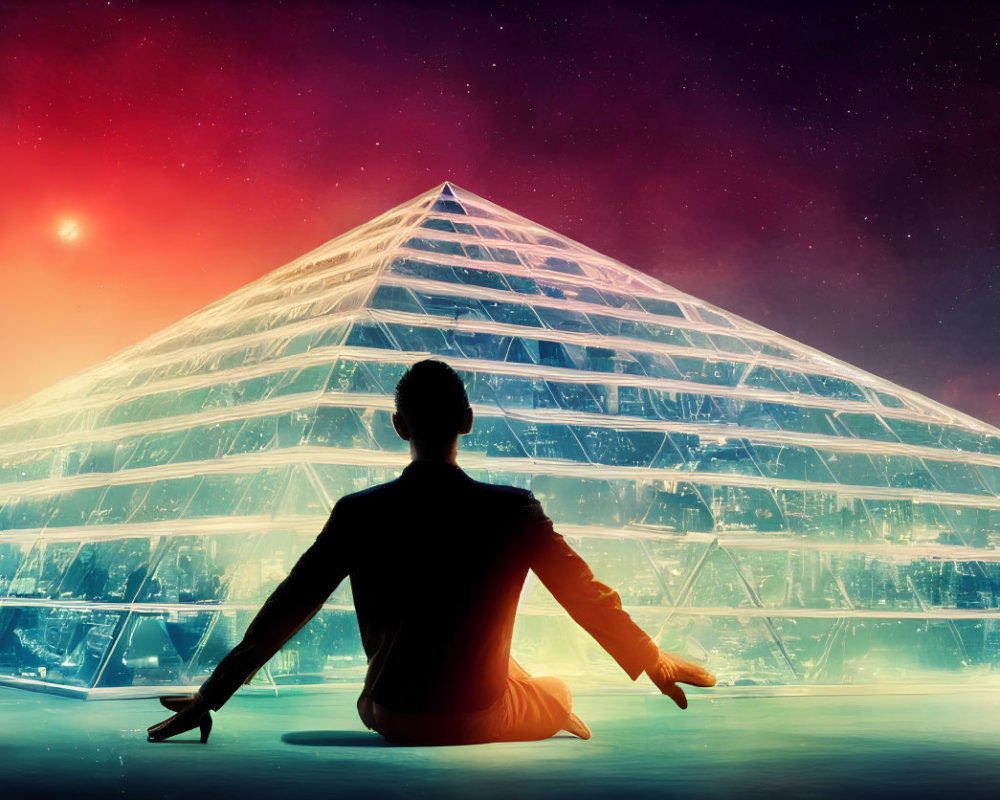 Person meditates by glowing pyramid under starry sky