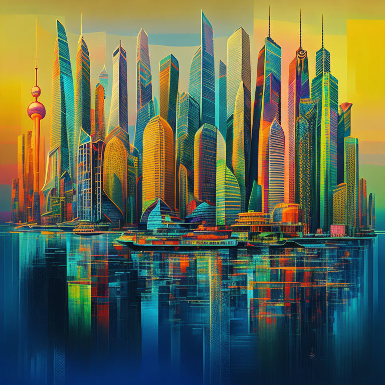 Colorful city skyline with reflective skyscrapers at sunset over water