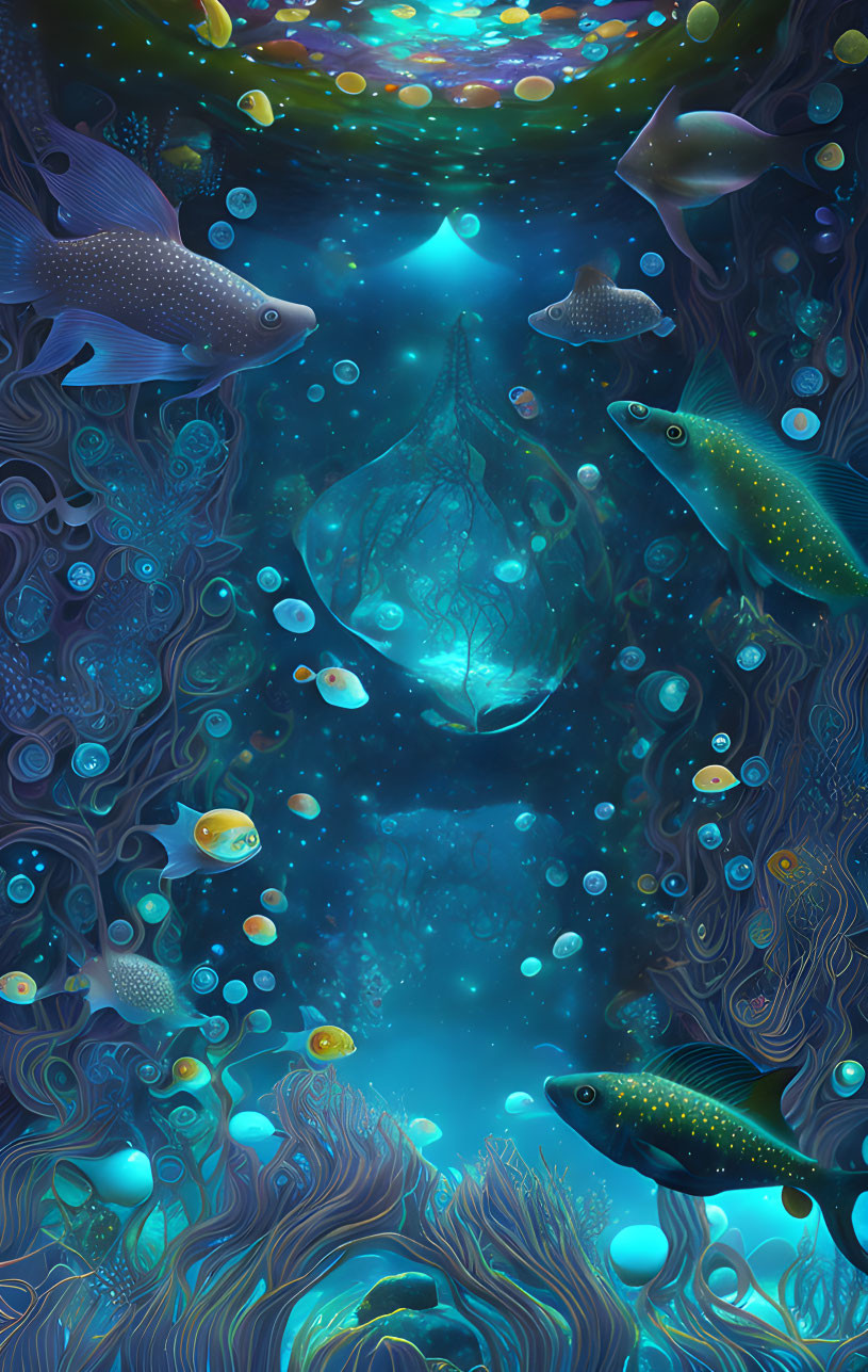 Colorful underwater scene with glowing whale and fish among coral