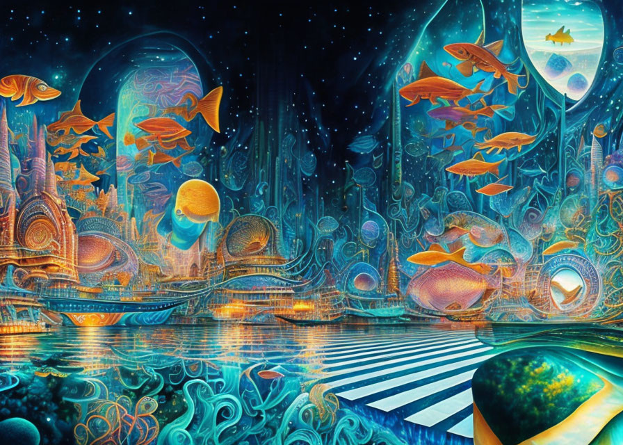 Colorful fish, bioluminescent plants, and alien architecture in underwater cityscape