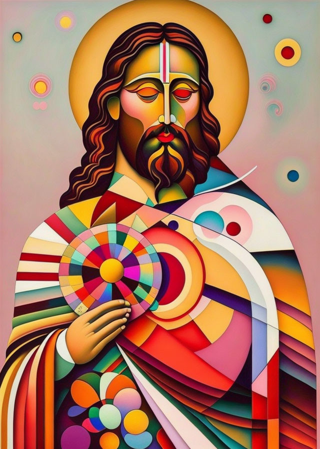 Abstract modern art: colorful Jesus figure with geometric patterns