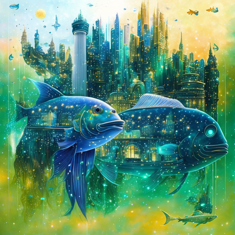 Cosmic fish swimming in front of glowing underwater city