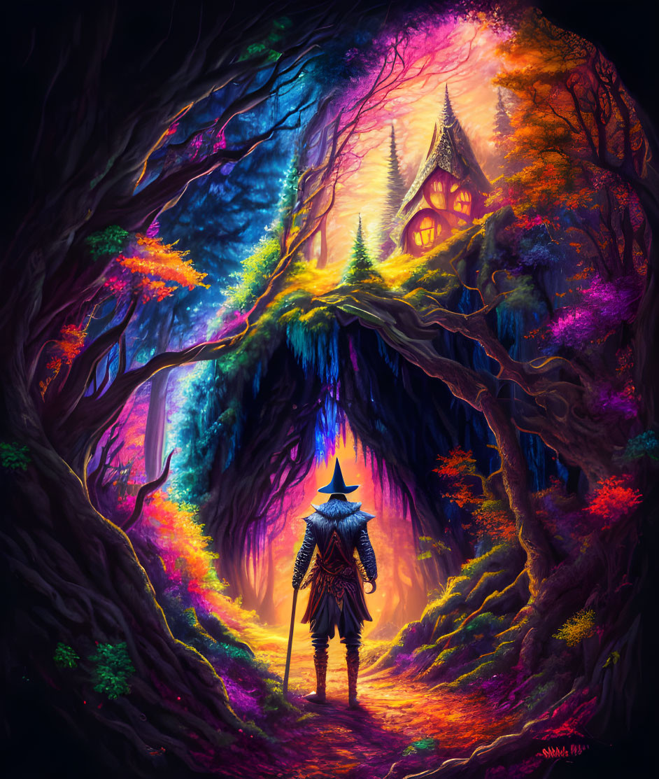 Mystical figure in hat at enchanted forest pathway with glowing cottage