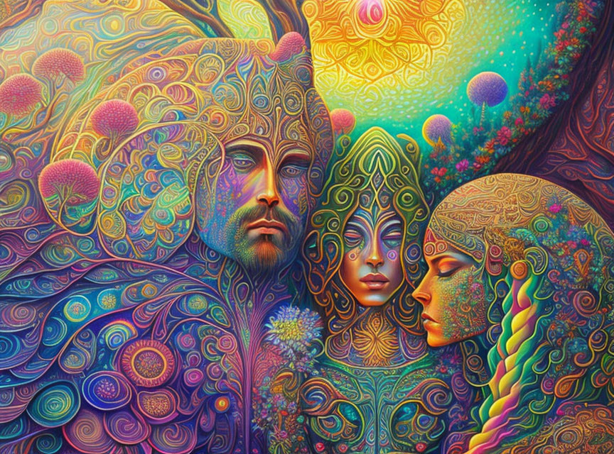 Colorful Psychedelic Artwork Featuring Three Faces and Cosmic Patterns