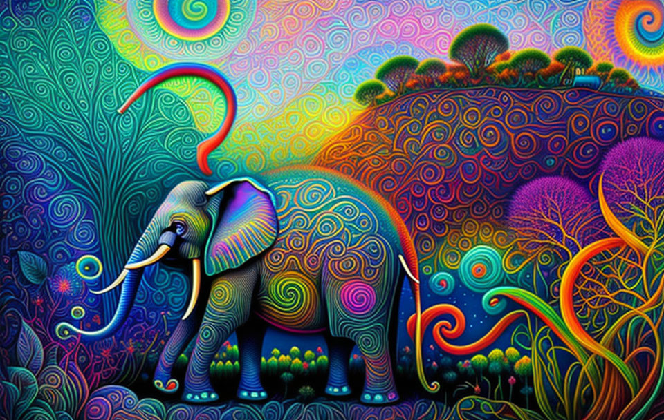 Colorful Psychedelic Elephant Artwork in Fantastical Landscape