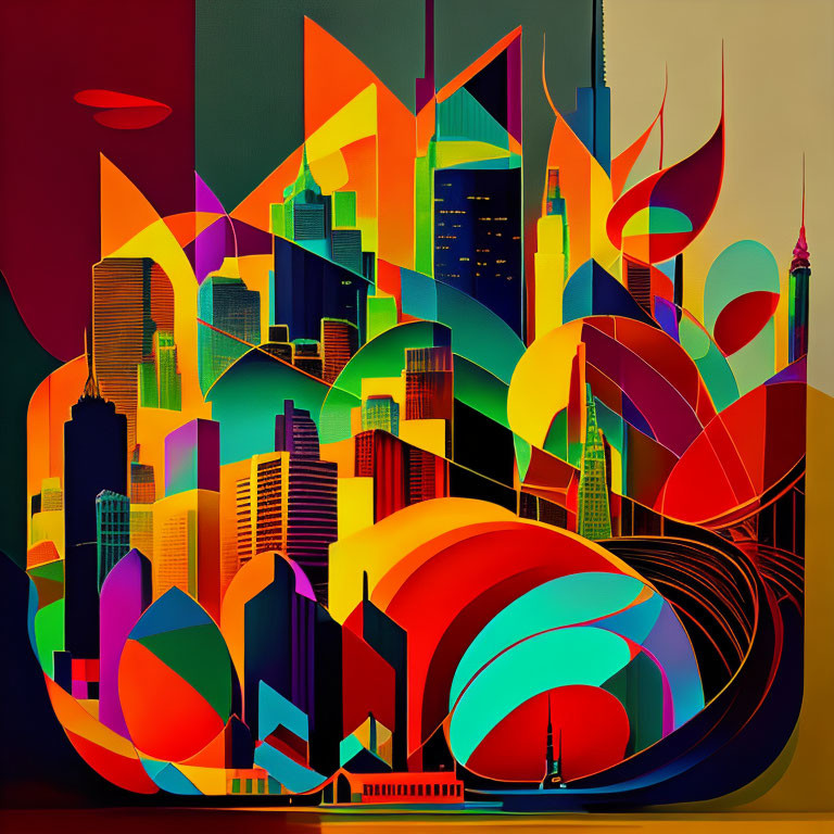 Abstract Cityscape Art with Vibrant Colors & Geometric Shapes