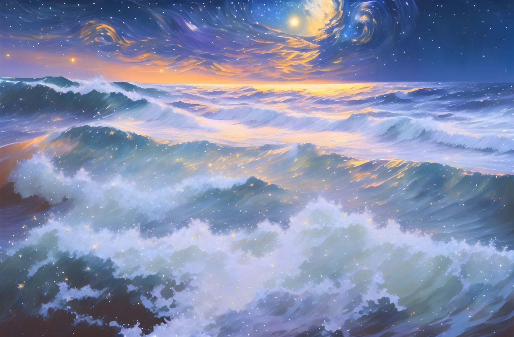 Vibrant surreal seascape with celestial sky and swirling clouds