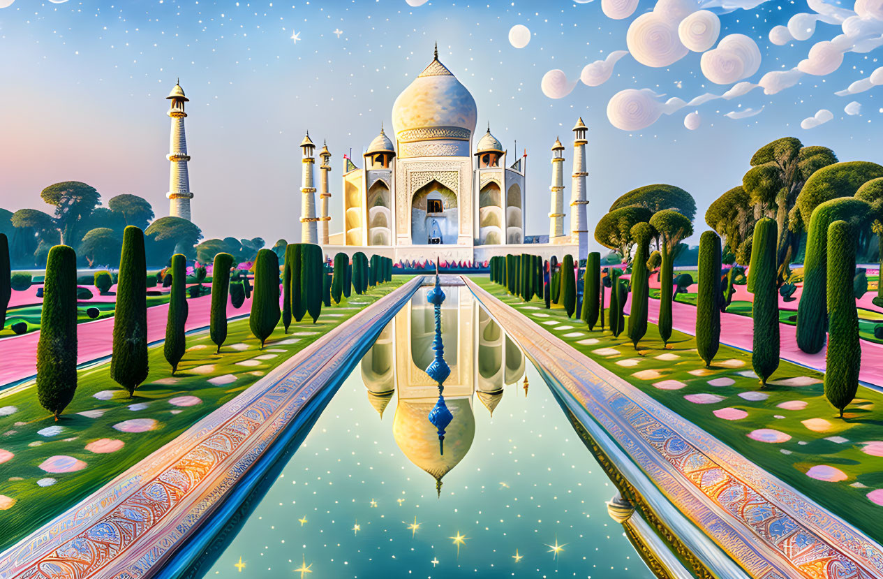 Unique Taj Mahal Scene: Starry Sky, Moons, Gardens & Reflective Water