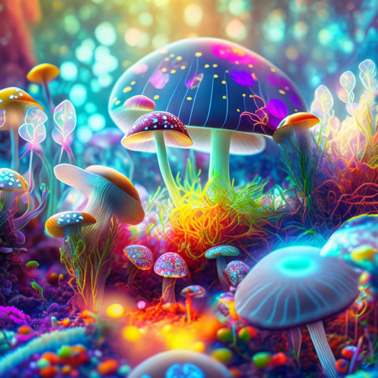 Colorful Fantasy Mushroom Forest with Neon Glow