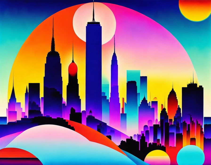 Colorful Artwork: Fictional City Skyline & Celestial Bodies