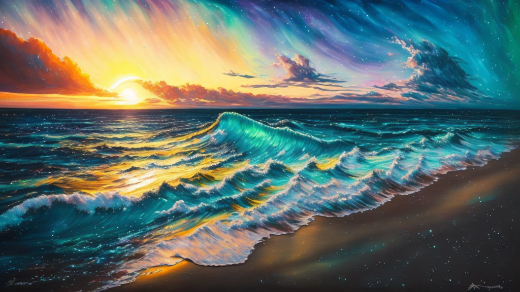 Colorful sunset painting: ocean, vibrant sky, dynamic wave