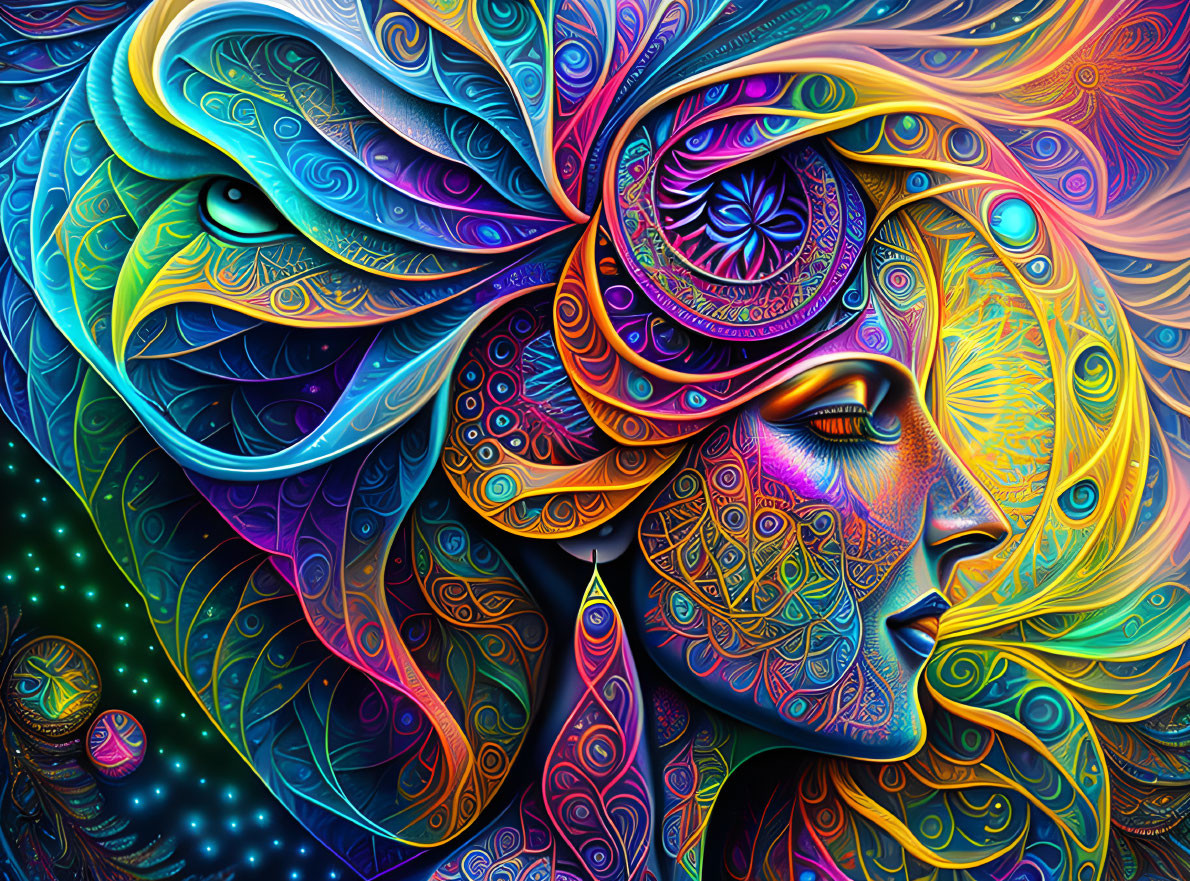 Colorful Psychedelic Woman's Profile Illustration with Cosmic and Floral Themes