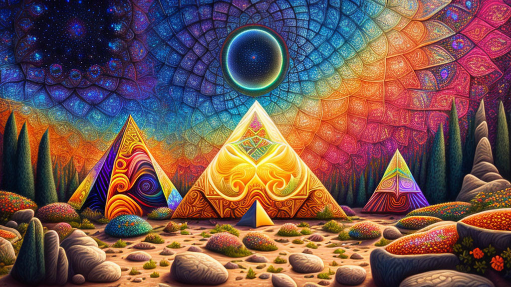 Colorful Psychedelic Landscape with Pyramids and Moon-like Orb