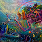 Colorful Psychedelic Elephant Artwork in Fantastical Landscape