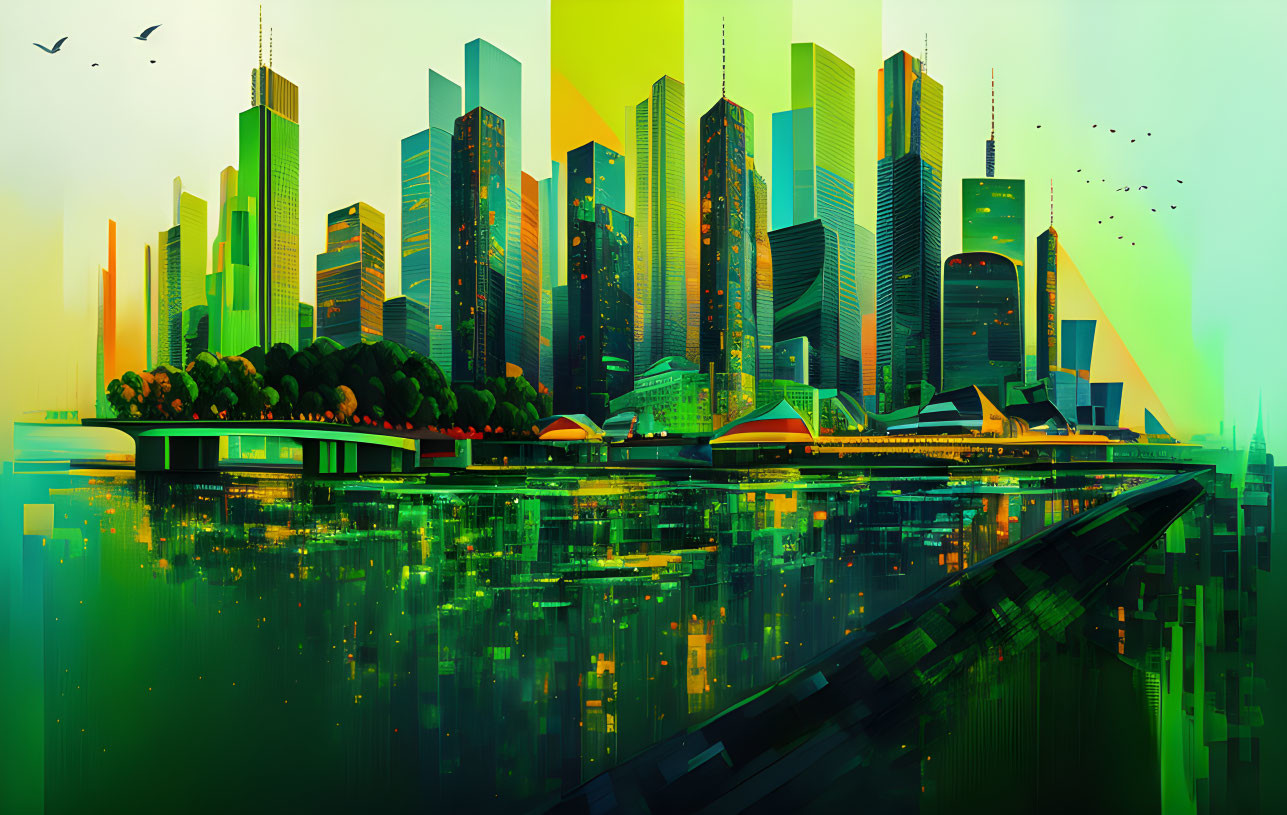 Reflective skyscrapers in vibrant cityscape with teal and green gradient sky